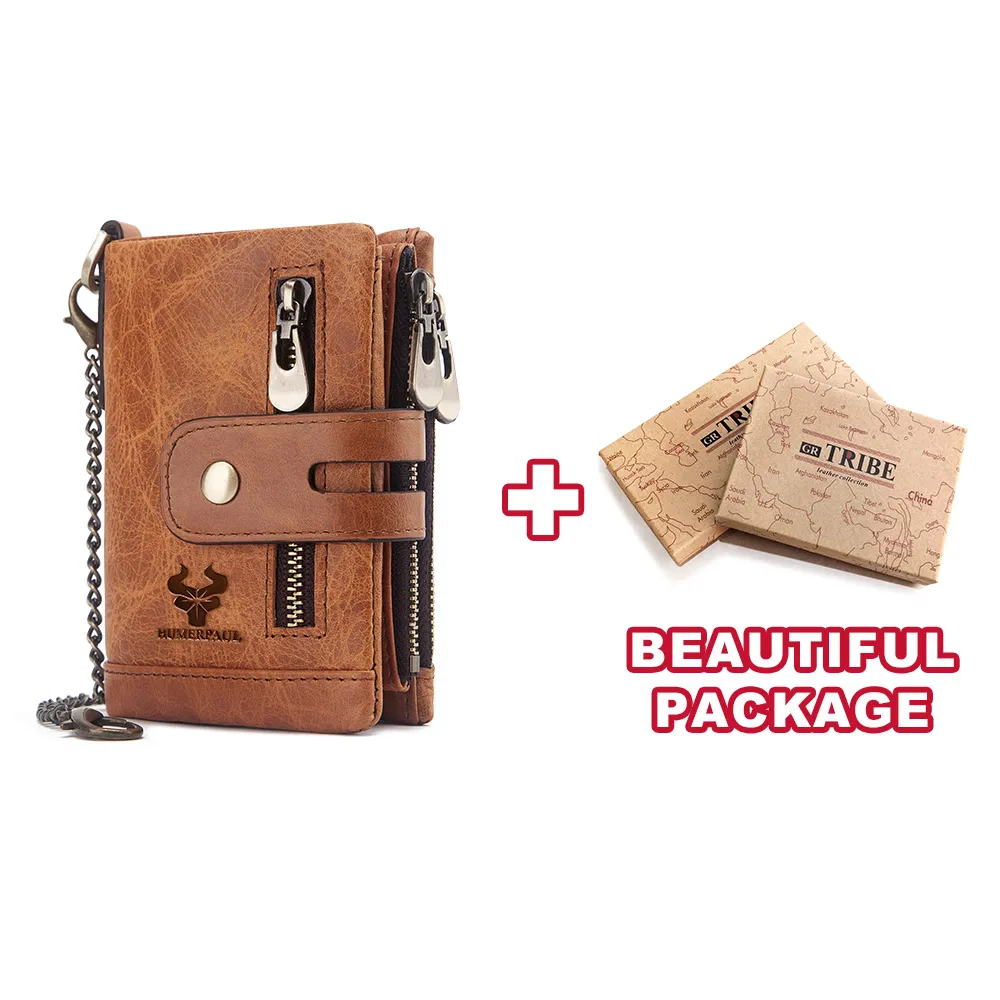 Мужской кошелек из коровьей кожи высокого качества с защитой от кражи, с цепочкой, мужской кошелек, мягкая сумка для денег, повседневный держатель для карт - Цвет: Brown with Box