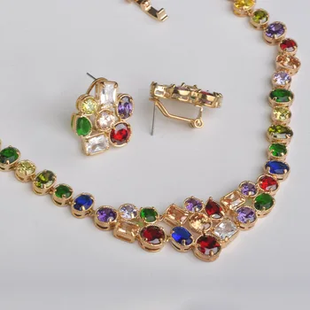

MECHOSEN Wedding Brides Jewelry Sets Necklace Earrings Luxury Zirconia Colorful Rhinestone Collier Brincos Set Gold Color Bijoux