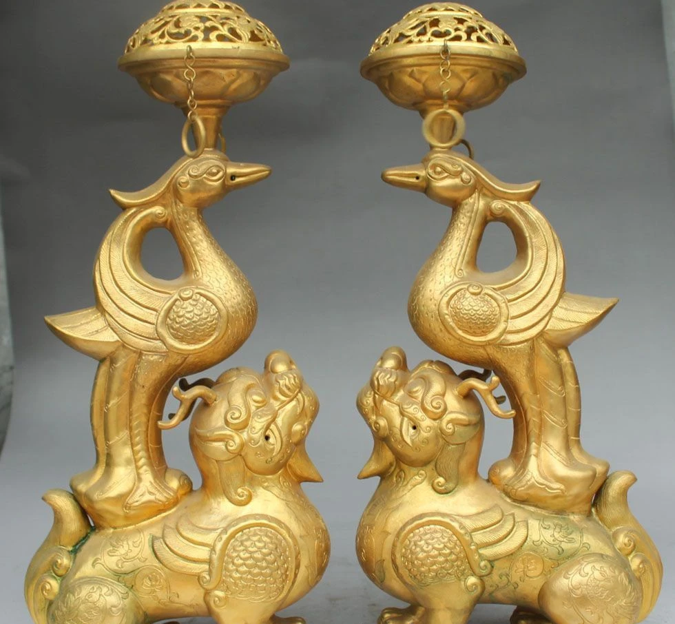 

free shipping Purple Bronze Gild Phoenix Dragon Beast candlestick Incense Burner Censer Pair