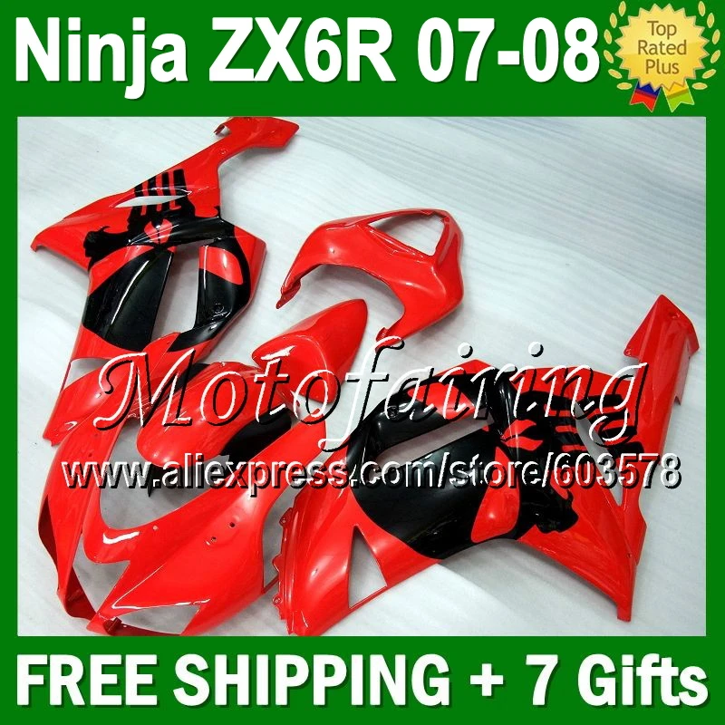 

HOT Red Fairing +7gifts For KAWASAKI NINJA ZX6R 07-08 ZX-6R ZX636 10JM12 ZX 6R Skull Black 636 ZX-636 07 08 2007 2008 Bodywork