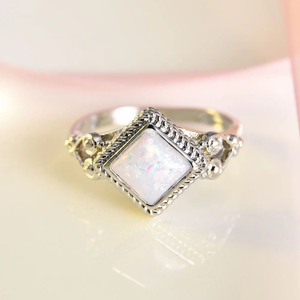 

New Vintage White Opal Stone Wedding Rings for women Metal antiqtue silver Geometric Engagement female Ring Jewelry Size 6-10