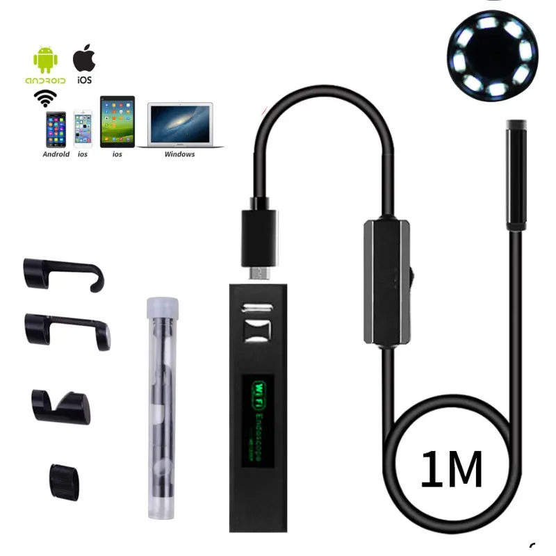 WIFI Endoscope Camera Mini Waterproof Soft Cable Inspection 1200p Camera 8mm 1M USB Endoscope Borescope IOS Endoscope For Iphone photo