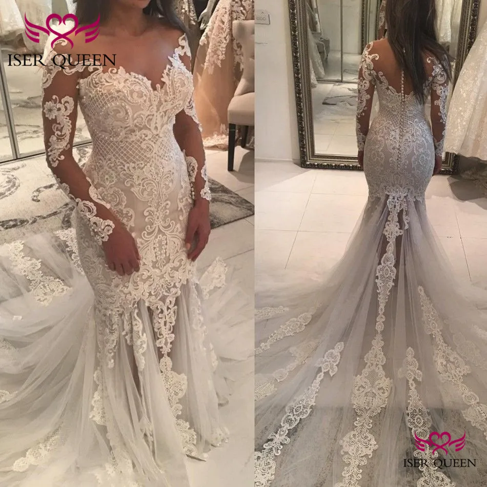 

Delicate Embroidery Sweetheart Neckline Appliques Back Design of Button Wedding Dresses Trumpet Chapel Train with Tulle w0563