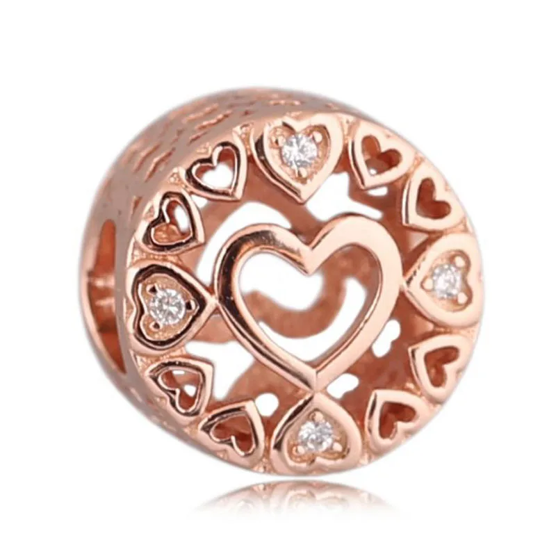 

New 925 Sterling Silver Bead Charm Rose Gold Openwork Loving Circle With Crystal Bead Fit Pandora Bracelet Bangle Diy Jewelry