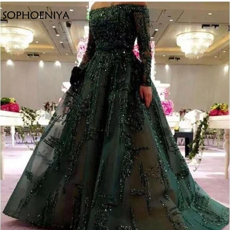 

New Arrival Long sleeeve evening dress 2019 Off the shoulder Dubai Arabic Evening dresses Abiye abendkleider party gown