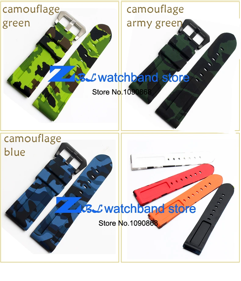 Резиновый ремешок 22 мм 24 мм ремешок спортивные браслет Для мужчин s водонепроницаемые часы группа камуфляж наручные часы Группа Для мужчин
