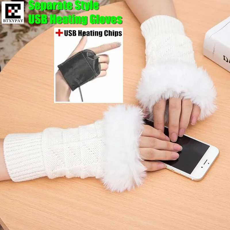 120p Winter Warm Girl Students Homework Separate Style USB Heating Gloves Women Hand Back Heated Faux Fur Knit Fingerless | Аксессуары