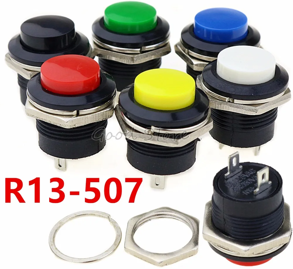 

6 pcs R13-507 Momentary SPST NO Red Round Cap Push Button Switch AC 6A/125V 3A/250V 6color