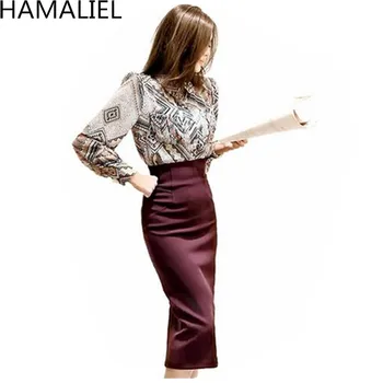 

HAMALIEL Korean Style Autumn Women Formal 2 Piese Set 2018 Print Flower Long Sleeve Shirt + Wine Red Pencil Bodycon Skirt Set