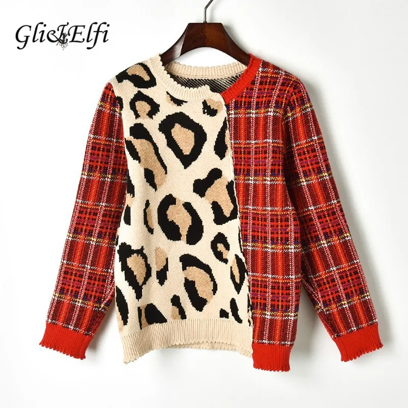 

Women Fancy Sweater Plaid Leopard Print Jacquard 2019 Spring Winter Patchwork Knitting Tops Thick Jumper Long Sleeve Pullovers