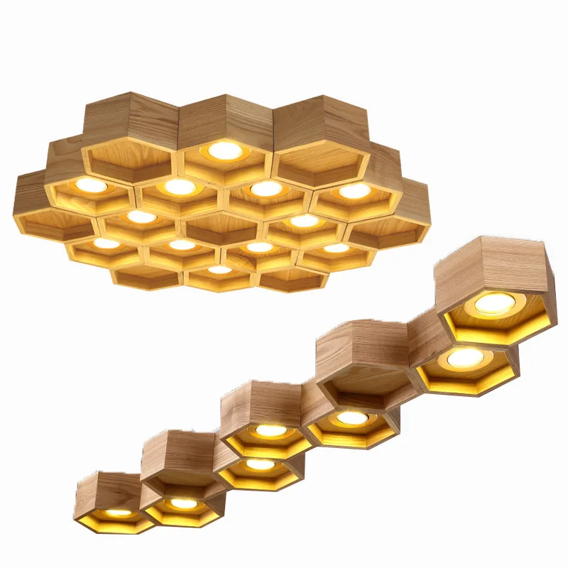 

Creative Honeycomb Wood Pendant Light Spot Bulbs Wooden Dining Light Lustres Modern Hanging Lamp Suspension Lighting Fixture