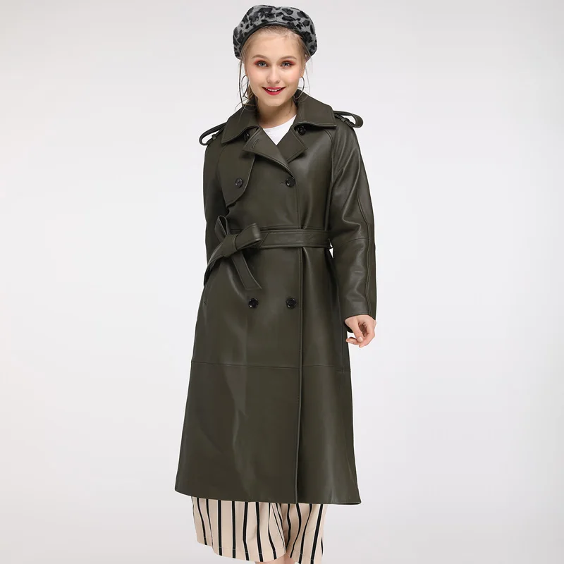 Maylofuer Lady Sheepskin Genuine Leather Jacket Women Real Leather Long Coat with Belt Army Green
