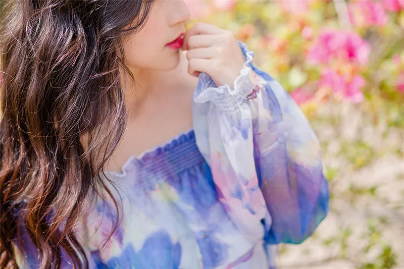 TANG Long Sleeve Summer Dress Foral Tropical Beach Vintage Maxi Dresses Boho Casual Off Shoulder Belt Chiffon Plus Size Dress (2)