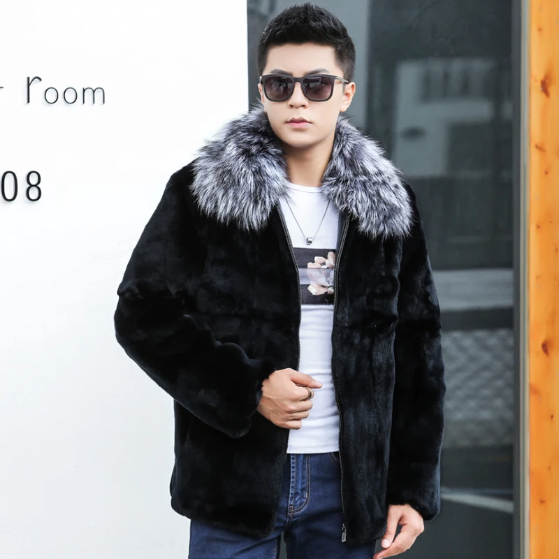 

100% Nature Rabbit Fur Coat Men Jeckets With Real Silver Fox Fur Collar 2018 New Warm Winter Real Fur Coats Overcoat