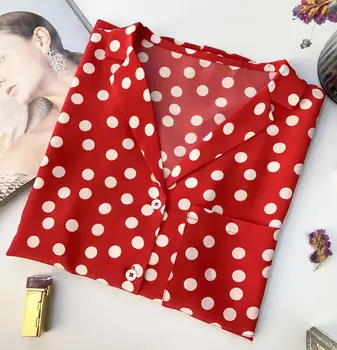 

Women 100% Silk Shirts Dot Printted Vintage Short Sleeve Lady Office Blouse