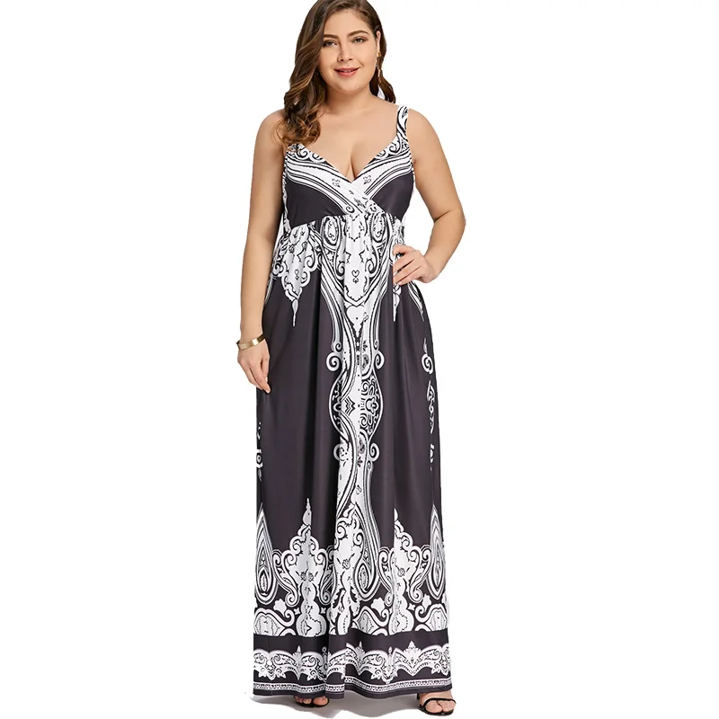 ROSE GAL 5XL Арабский Принт Спагетти Ремень Boho Макси Длинное Платье Женщины Большой