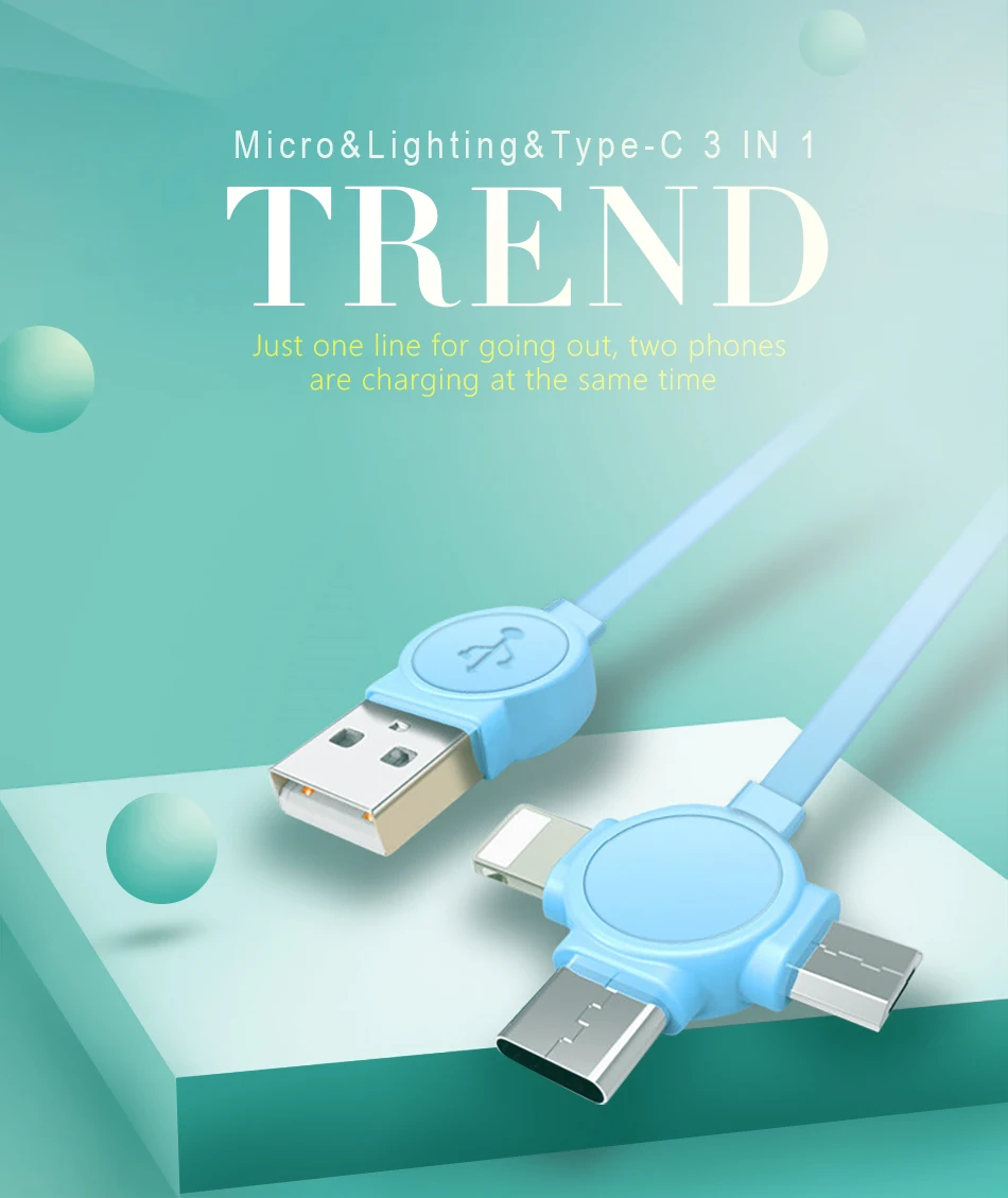 !ACCEZZ 3 in 1 Micro USB Type C 8 Pin Multi Charging Cable For iPhone X XR XS Max For Samsung Huawei Xiaomi Multi Charging Cable (1)
