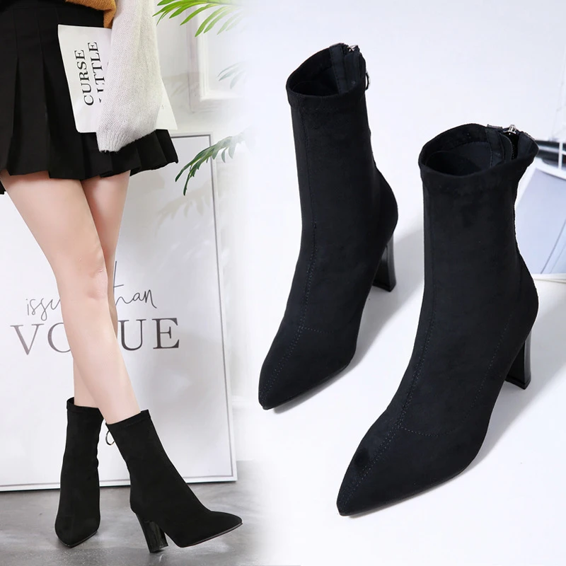 

2018 Women 8.5cm High Heels Ankle Boots Winter Stretch Silk Bootee Dress Short Ankle Sock Boots Female Ladies Cute Black Shoes