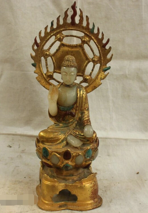 

Tibet Buddhism Temple Old Bronze And nephrite Gilded Statue Sakyamuni Buddha