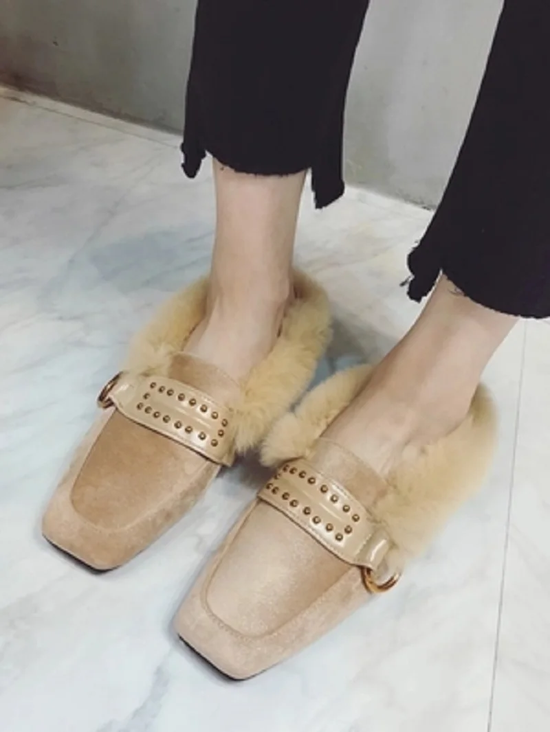 

Rivet square head women's shoes 2018 autumn new rabbit fur shoes baotou slippers low heel one pedal lazy shoes