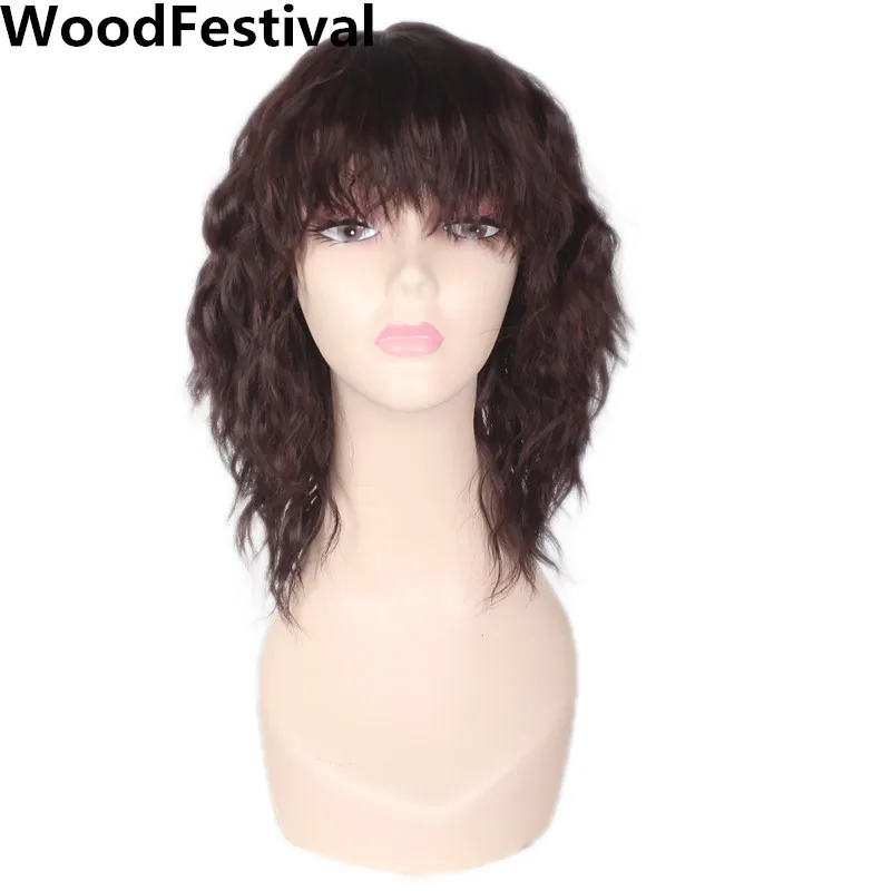 

WoodFestival women cosplay brown wig with bangs heat resistant fiber synthetic short curly wigs hair