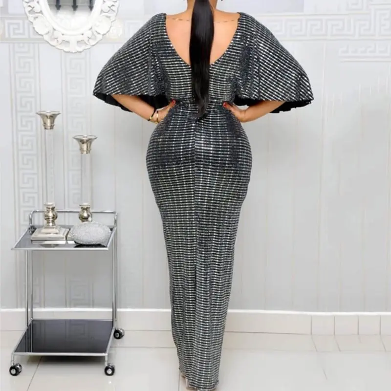 Buy Summer Sexy Club Luxury Gray Party Women Long Pencil Dresses Tunic High Waist Backless Female Sequin Glitter Evening Maxi Dress