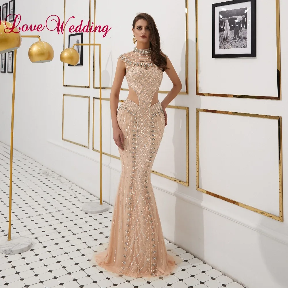 Fashion New Style High Neck Heavy Major Beaded Sexy Sheer Waist Mermaid Long Luxurious Evening Dresses Real Photo