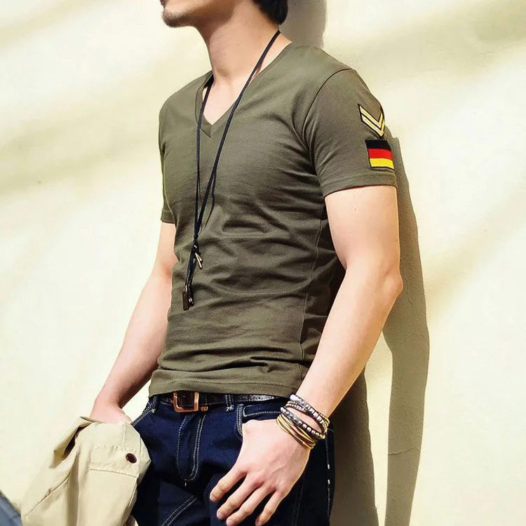 Summer Casual Slim Fit V Neck T Shirts For Men Armband Short Sleeve