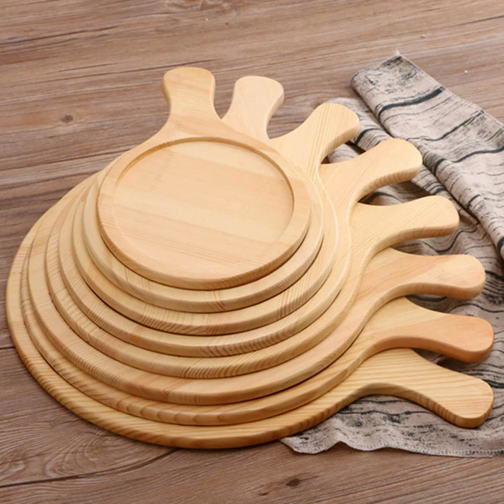 Wooden Pizza Pan board Round with Hand Pizza Baking Tray Pizza Stone Cutting Board Platter Pizza Cake Bakeware Tools
