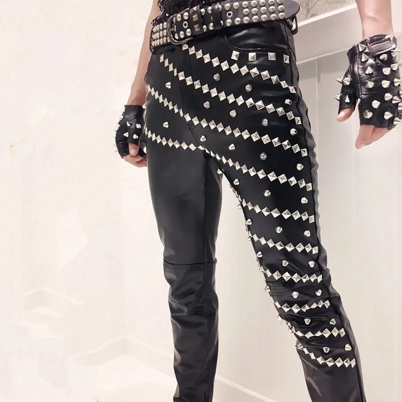 

Nightclub DJ singer vintage punk rock rivet leather pants hip hop stage costume mens casual slim joggers motorcycle trousers