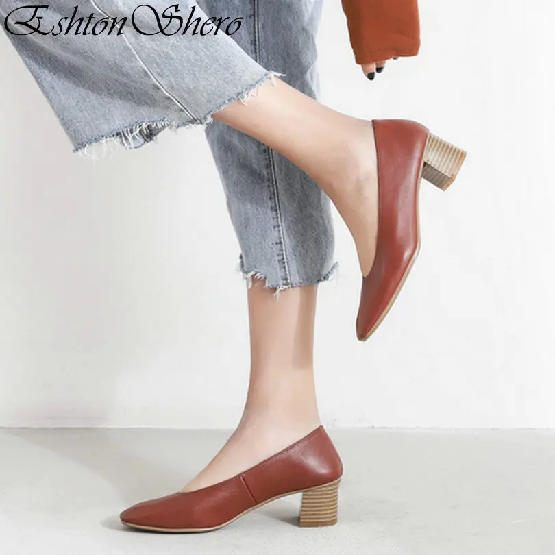 

EshtonShero Spring Shoes Woman Pumps Cow Leather+PU Platform Med Heel Solid Elegant Apricot Ladies Wedding Shoes Size 3-8