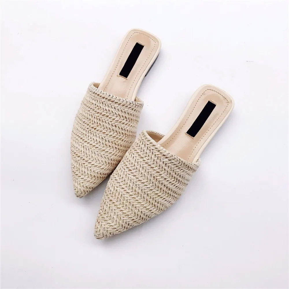 

Women Slippers Spring Summer Weave Flat Mules Shoes Woman Pointed Toe Sandal Half Slipper Ladies Outside Fashion Slides SH050301
