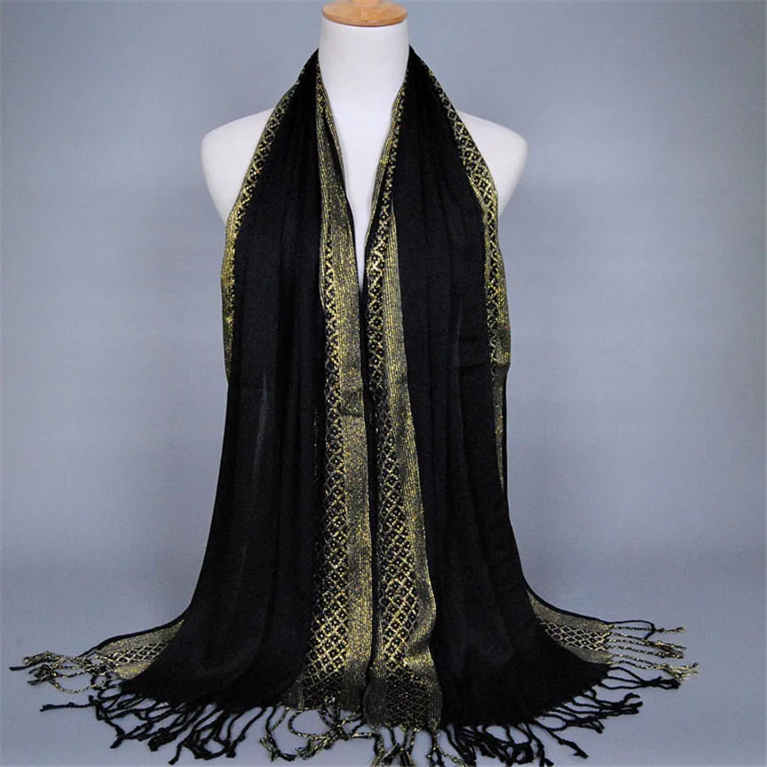 

2019 New Design Plain Lurex Glitter Tassels Cotton Plaid Stripe Shawl Scarf Wrap Long Pashmina Stole Hijab Muslim Snood 180*60Cm