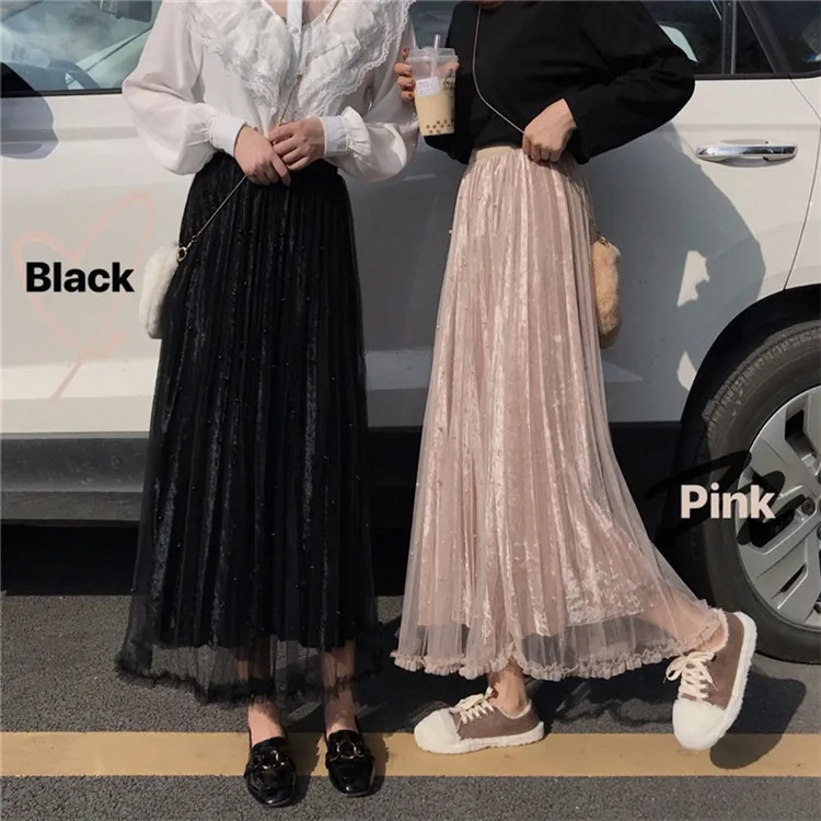 Lychee девушки сетки лоскутное женщин длинные плиссированные юбки империя эластичный пояс женские юбки осень зима сексуальные милые юбки низ