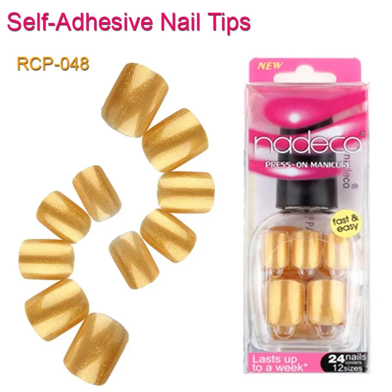 24pcs Self Adhesive Full Cover Golden Glitter Nail Tips Pre glued