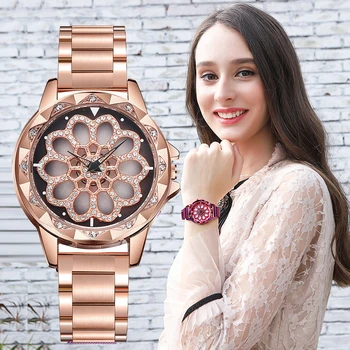 

Dial rotation Women Watches Luxury waterproof Woman Watch Fashion Crystal Female style Leather Band Ladies Watches Montre Femme