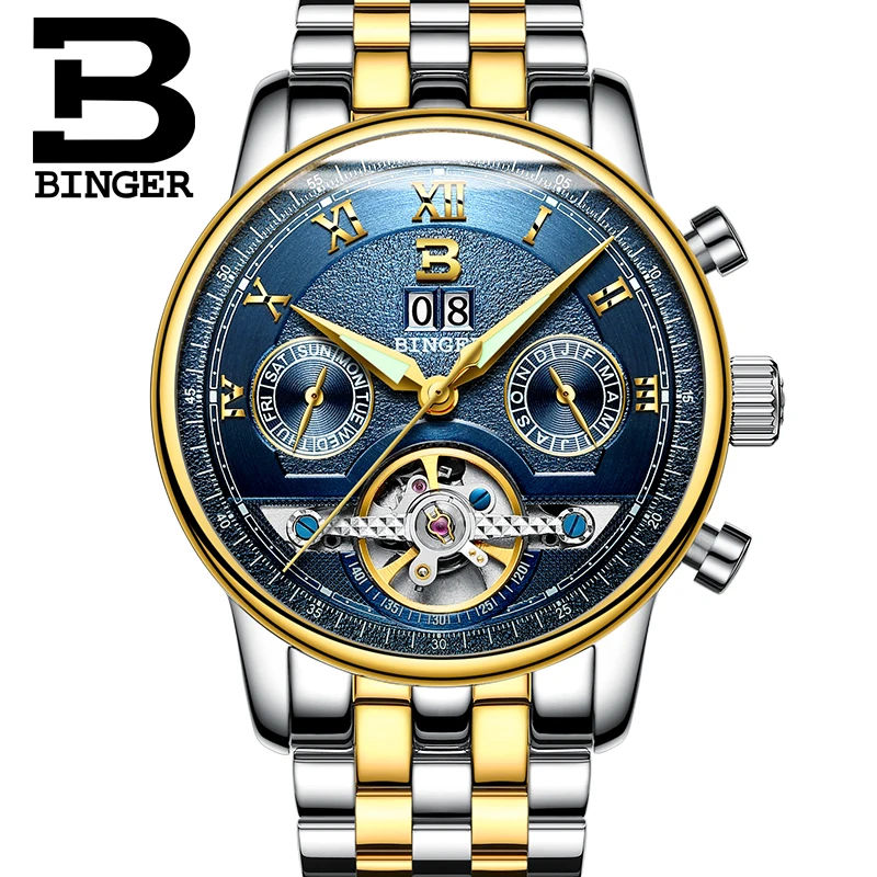 

Luxury Brand Tourbillon Switzerland BINGER Men's Watch Multi-functions Waterproof Clock Mechanical Male Wristwatches B-8603M-11