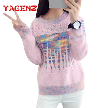 

YAGENZ Mohair Short Knitted Sweater Women Tops Autumn And Winter Coat Women Sweater Pullover Fashion Loose O neck Warm Sweaters