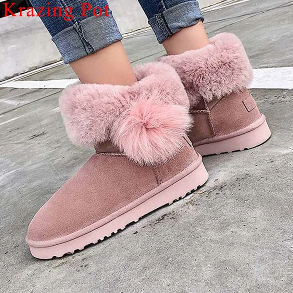 

2019 movie star winter warmful shearling snow boots plus size slip on falt low bottom round toe fur pom pom decoration boots L31