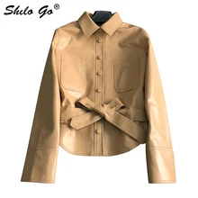 Шило GO кожаная куртка Женская Весенняя мода Овчина натуральная кожа пальто воротник с лацканами однобортный лук пояс прямой
