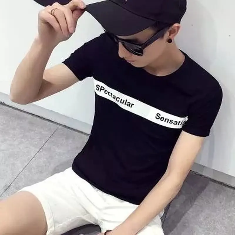 

Couple models Slim youth short-sleeved summer letters trend Slim short-axis trend t-shirt