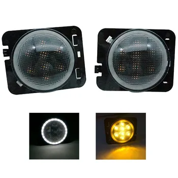 

White halo ring LED Amber Yellow Front Fender Side Marker Light Assembly with Smoke Lens for 2007-2018 Jeep Wrangler