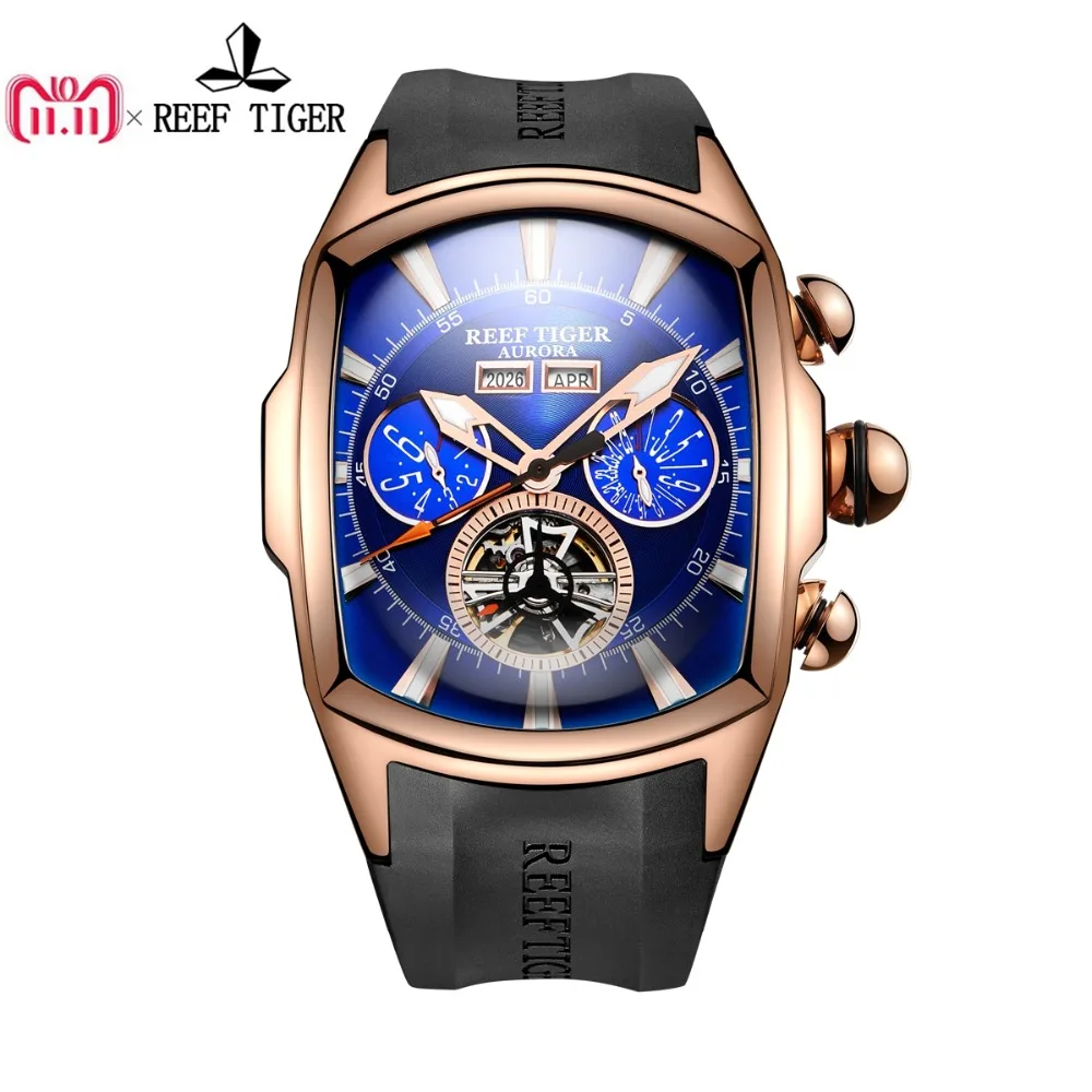 

Reef Tiger/RT Mens Sport Watches Analog Display Luminous Tourbillon Watches Rose Gold Blue Dial Tank Watches RGA3069
