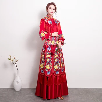

Floral Embroidery Female Wedding Cheongsam Suit Red Tassels Qipao Vestidos Ancient Royal Women Floral Marriage Dress Gown S-XXL