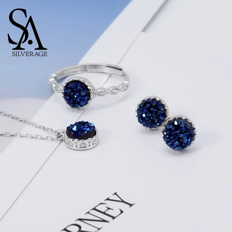 

Women Vintage Blue Gem Jewelry Set Fashion Women Jewelry Set 925 silver Antique Silver Crystal Round Stone Pendant Necklace Sets