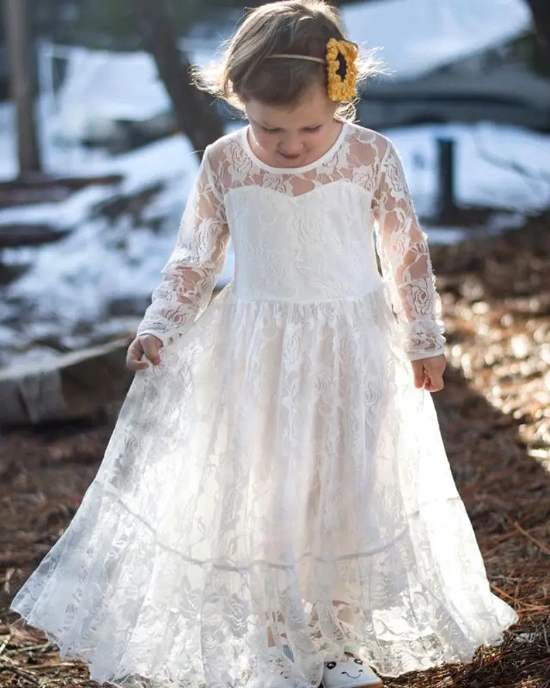 Kids Baby Girls Autumn Floral Sweet Fairy White Formal Long Sleeves Party Lace Wedding Princess Gown Pageant Flower Girls Dress