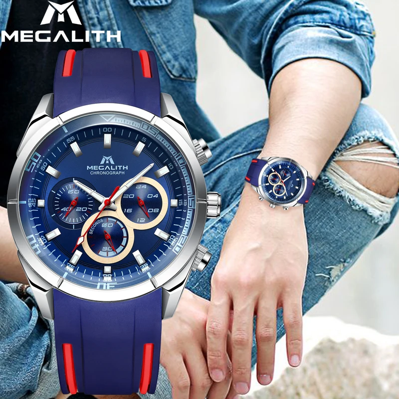 MEGALITH, брендовые часы, мужские Аналоговые кварцевые часы с хронографом, спортивные водонепроницаемые наручные часы с силиконовым резиновым ремешком для мужчин, часы 8049