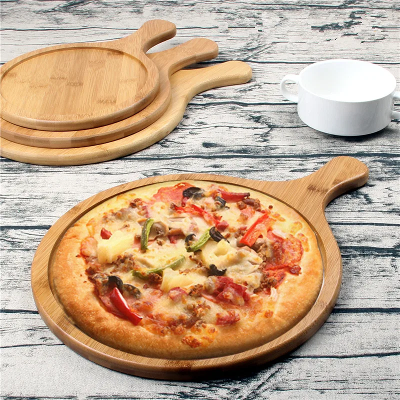 rethyrel Wood Pizza Serving Tray Premium Bamboo Pizza Board Sustainable Cheese Board Round Transfer Tray with Handle Cutting Board for Baking Pizza Bread 