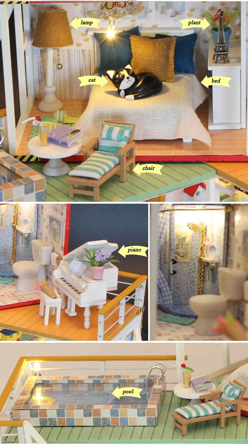 DIY кукольный домик Контейнер для дома миниатюрный с мебели светодиодный свет модель здания Деревянный Кукольный дом, игрушки подарок ваше имя 13841A# E