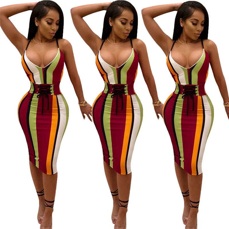 

Hot Selling Sexy Women Summer Dress Bandage High Waist Ladies Striped Dress Holiday Party Dress